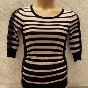 by & by Pink and Black Striped Lace Sleeve Crew Neck Sweater